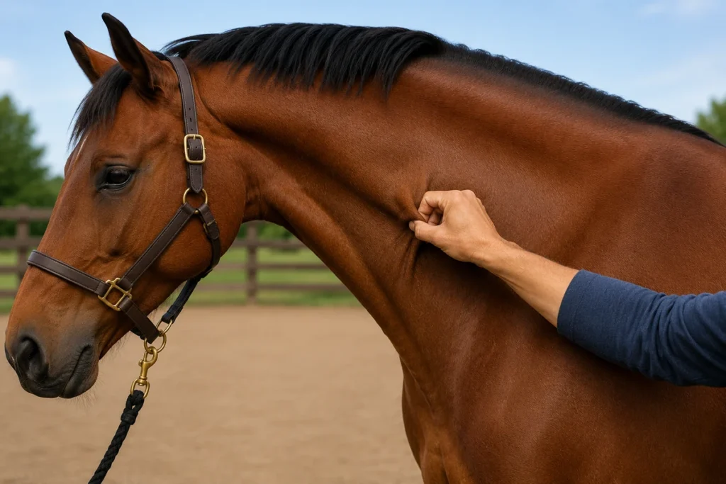 Prueba del pliegue de la piel para detectar signos de deshidratación en un caballo con diarrea
