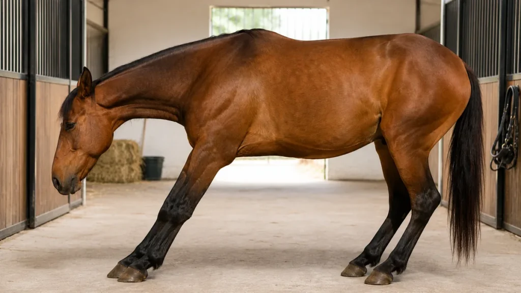 Caballo con laminitis en postura de dolor