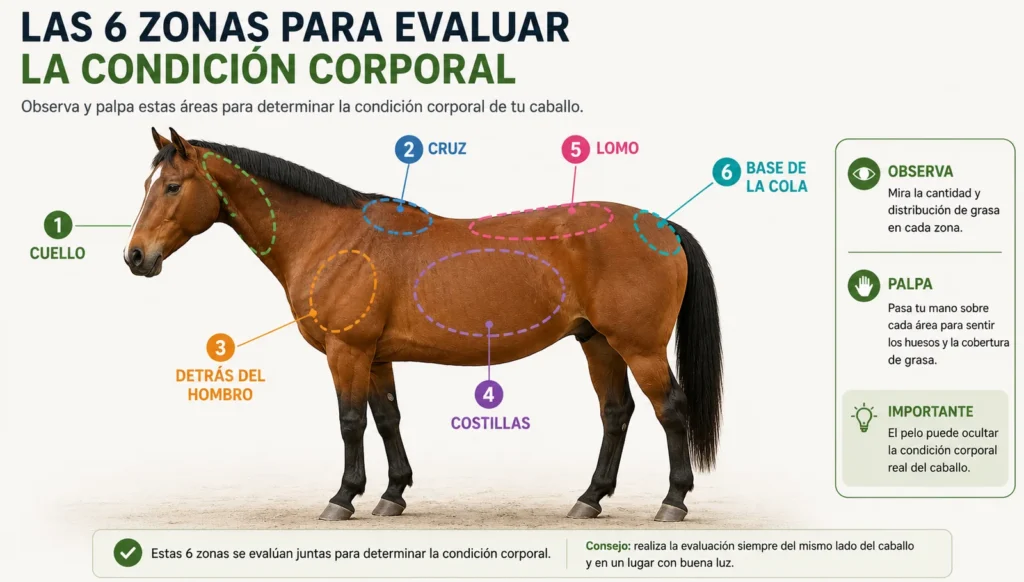 Seis zonas para evaluar la condición corporal de un caballo: cuello, cruz, detrás del hombro, costillas, lomo y base de la cola.